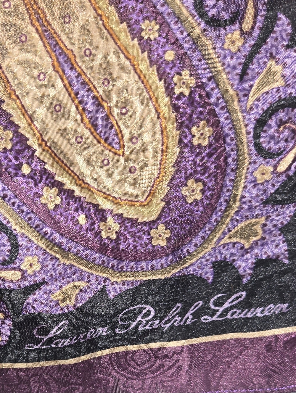 Ralph Lauren Purple Silk Scarf Paisley Oblong Plum Lavender Gold Classic - Picture 3 of 3